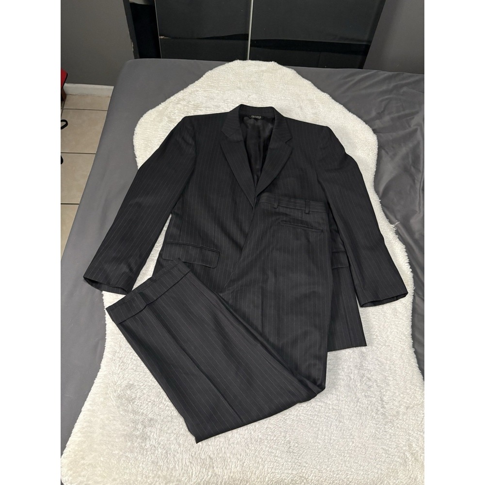 Jos A Bank Mens 2 Piece Wool Black Pin Strip Blazer Jacket 44L Pants‎ 39L Cuffed